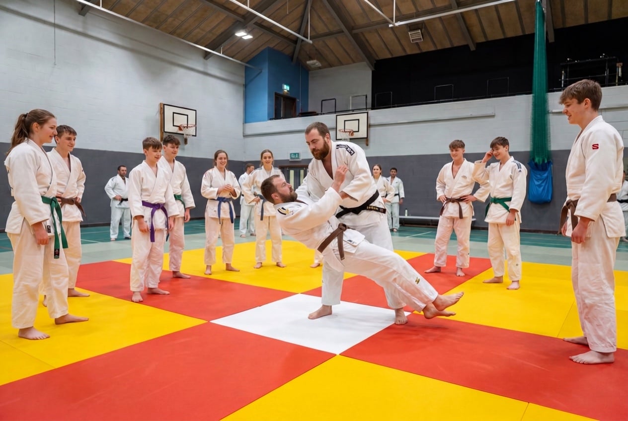 Adult members practising judo throws