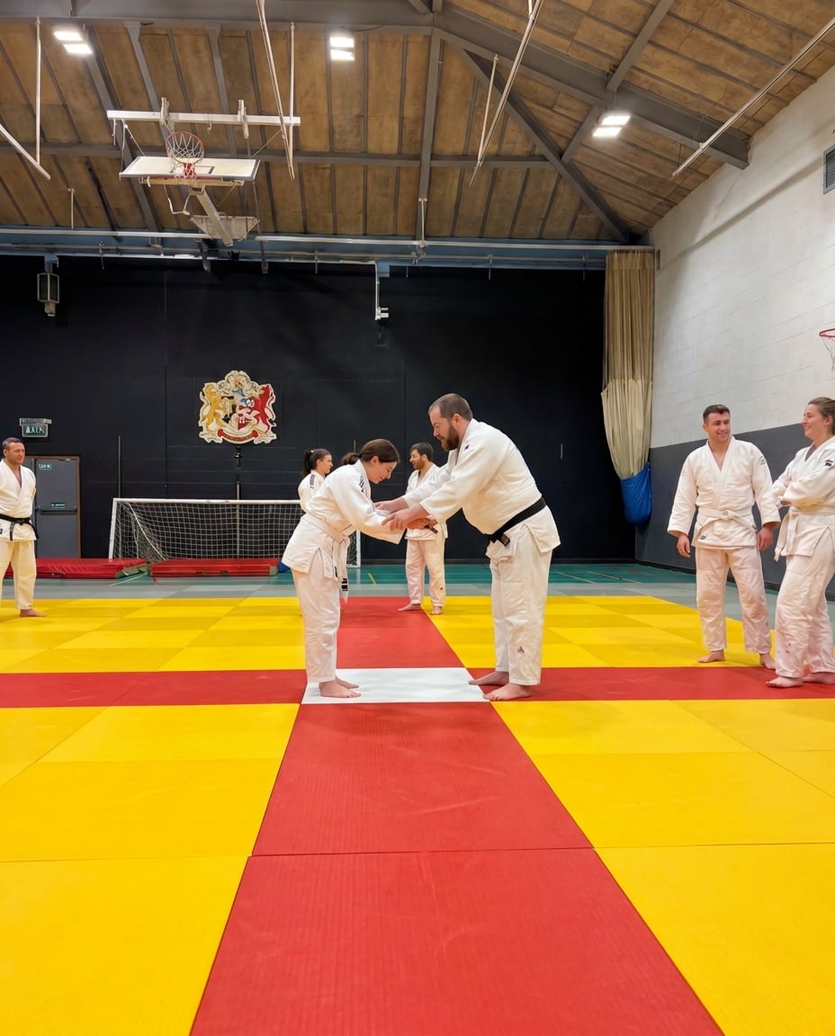 A first judo lesson in progress at Guernsey Judo Club