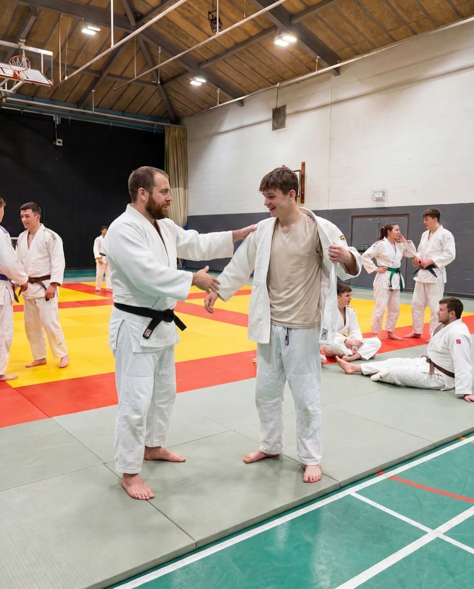 A coach greeting a newcomer at the door of the dojo