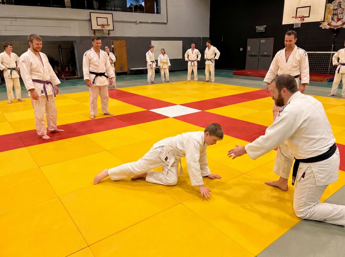 Coach Fraiser teaching a technique to a kneeling group