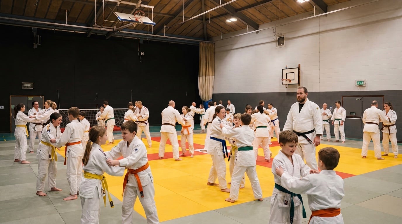 Judo coach Fraiser leading a class on the mats at Guernsey Judo Club