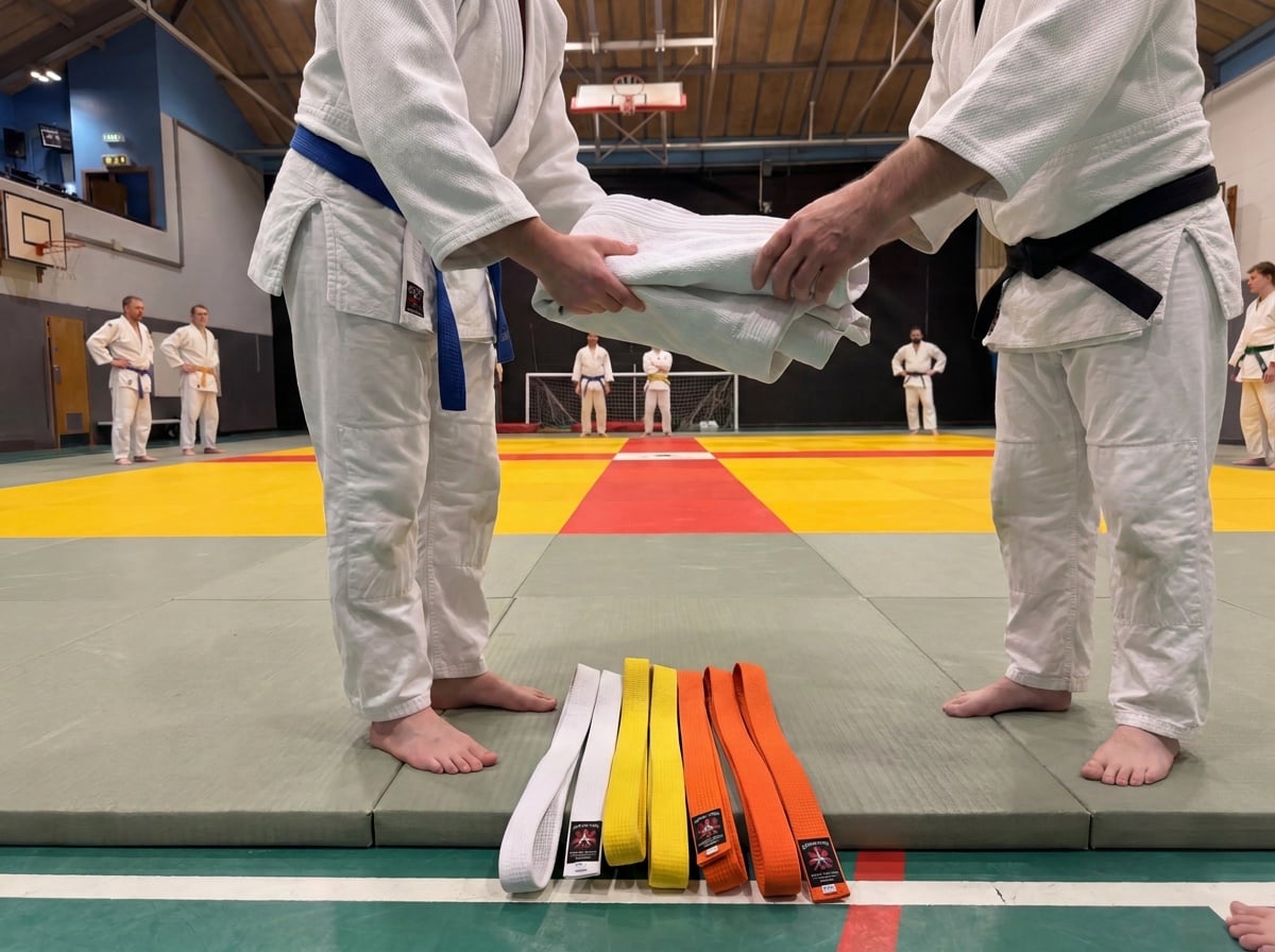 A borrowed judo suit being handed to a first-time member