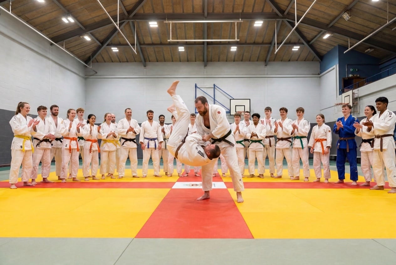 A judo class mid-session at Guernsey Judo Club