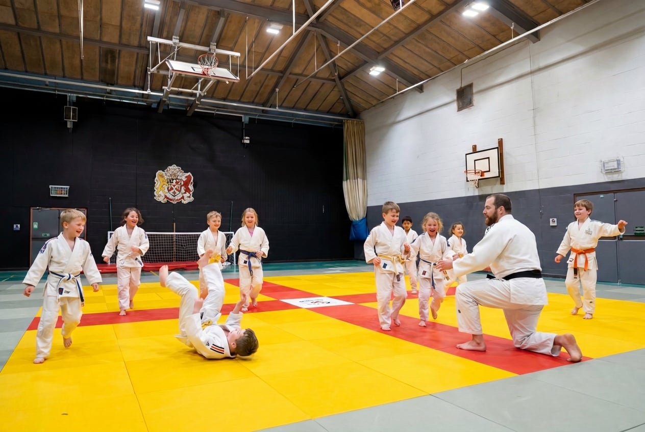 Juniors aged 5 to 12 practising judo in pairs